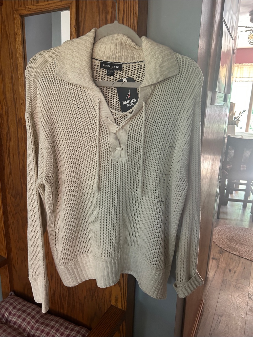 NWT Nautica Beige Open-Knit Lace-Up Collar Sweater